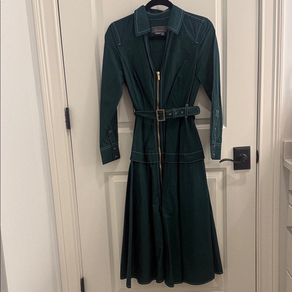 By Anthropologie Long-Sleeve Belted Front-Zip Midi Dress (Emerald Green)